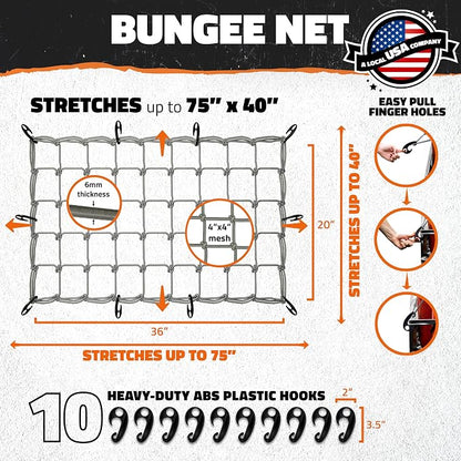 Mockins 36"x20" Heavy Duty Cargo Net for Pickup Truck, SUV, & Car | Elastic Truck Bed Cargo Net Stretches Up to 75"x40" | 6mm Thick Bungee Net with Hooks & 4"x4" Mesh Squares for Bulky & Small Loads