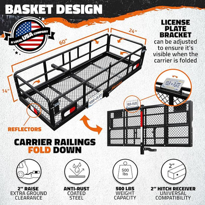 Mockins 60"x24"x14" High Rail Trailer Hitch Cargo Carrier w/License Plate Bracket & 30 Cu.Ft. Waterproof Cargo Hitch Carrier Bag | 500 Lbs. Cap All-Weather Folding Luggage Rack for SUV Truck & Car Set