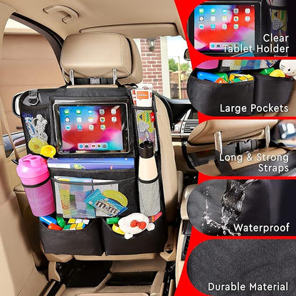 Helteko Backseat Car Organizer, Kick Mats Back Seat Protector with Touch Screen Tablet Holder, Back Seat Organizer for Kids with 9 Storage Pockets, Travel Accessories (2 Pack, Beige)
