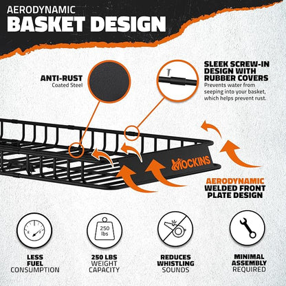 Mockins XL Extendable Roof Rack Cargo Carrier for Top of Vehicle Storage | 84"x39"x6" 250 Lbs Capacity Weatherproof Steel Roof Basket | Heavy Duty Car & SUV Rooftop Cargo Carrier Set w/ Straps & Net