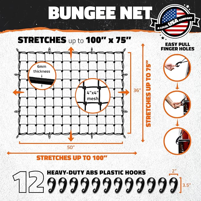 Mockins 50"x36" Large Cargo Net for Pickup Truck Bed, Roof Rack or Trailer | 6mm Thick Elastic Bungee Net with Hooks Stretching Up to 100"x75" | 4"x4" Square Safety Cargo Netting for Any Load Size