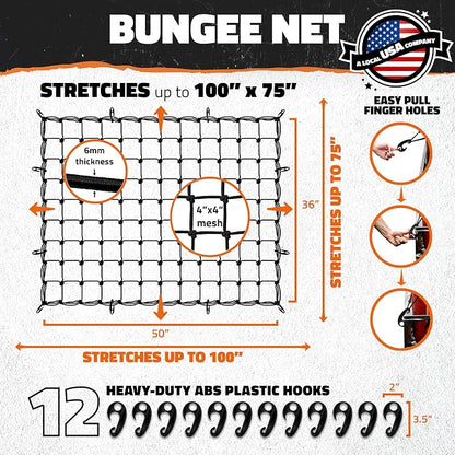 Mockins 50"x36" Large Cargo Net for Pickup Truck Bed, Roof Rack or Trailer | 6mm Thick Elastic Bungee Net with Hooks Stretching Up to 100"x75" | 4"x4" Square Safety Cargo Netting for Any Load Size