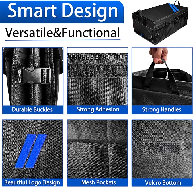 YOSRTER Car Trunk Organizer for Dodge Charger Durango Challenger Ram Collapsible Storage Box with Handle Foldable Lid Non Slip Bottom 2 Compartment Sturdy Base Panel Blue Trim
