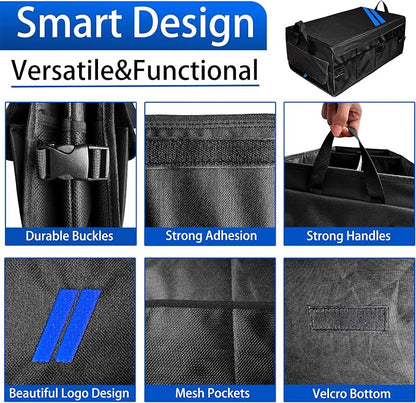 YOSRTER Car Trunk Organizer for Dodge Charger Durango Challenger Ram Collapsible Storage Box with Handle Foldable Lid Non Slip Bottom 2 Compartment Sturdy Base Panel Blue Trim