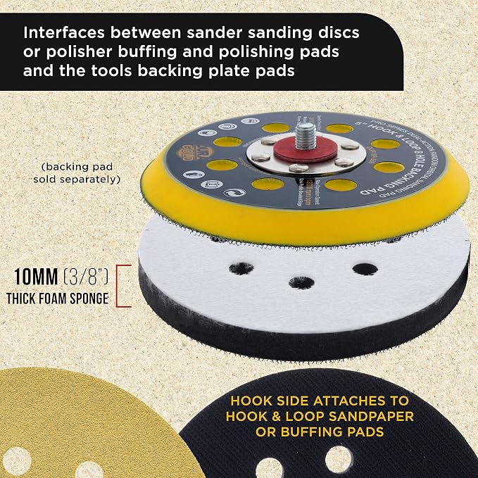 Dura-Gold Pro Series 5" x 10mm Soft Density Sanding Interface Pad, 8 Hole Pattern Dustless, 2 Pack - Hook & Loop Foam Cushion, Used with Vacuum Sander Discs, Polisher Polishing Pads & Backing Pads