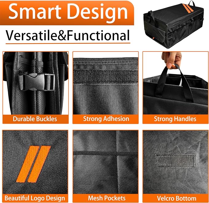 YOSRTER for Dodge Charger Durango Challenger Ram Car Trunk Organizer Collapsible Storage Box with Handle Foldable Lid Non Slip Bottom Sturdy Base Panel 2 Compartment Orange Trim