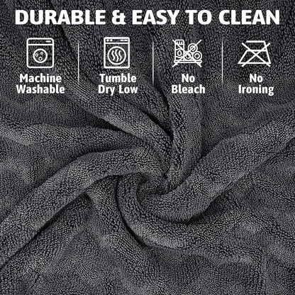 Greenfound 1000GSM Car Drying Towel 18"x24", Edgeless Double Twist Pile, Ultra Absorbent Microfiber Towel, Scratch-Free Lint-Free Streak-Free for Auto Detailing & Car Wash – Check Silver&Grey