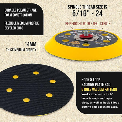 Dura-Gold Pro Series 6" Hook & Loop DA Backing Plate Pad, 6 Hole Pattern Dustless - 14mm Thick Medium Profile Edge, Dual-Action Random Orbital Sanding Pad, Sander Polisher Auto Woodworking Sandpaper