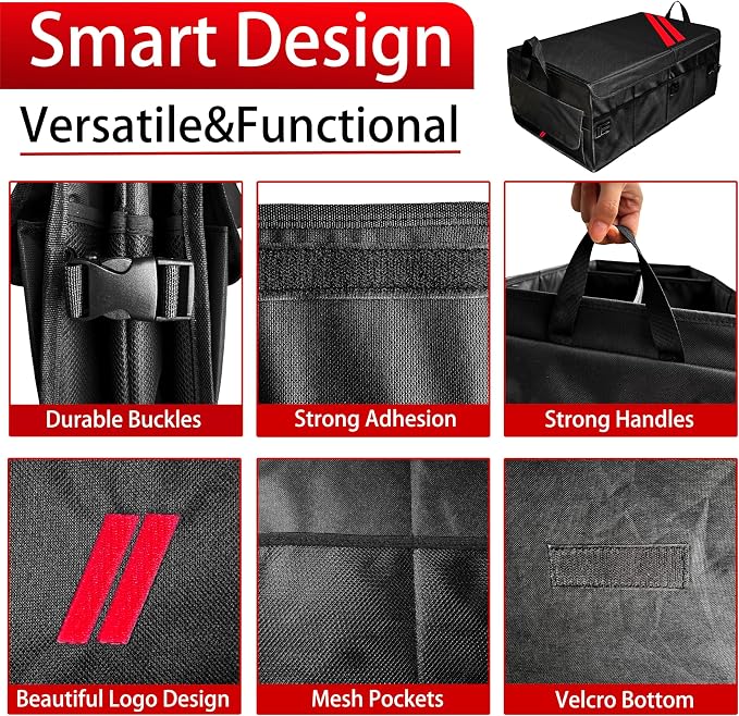 YOSRTER Car Trunk Organizer for Dodge Charger Durango Challenger Ram Collapsible Storage Box with Handle Foldable Lid Non Slip Bottom 2 Compartment Sturdy Base Panel for Dodge Accessories(Red Trim)