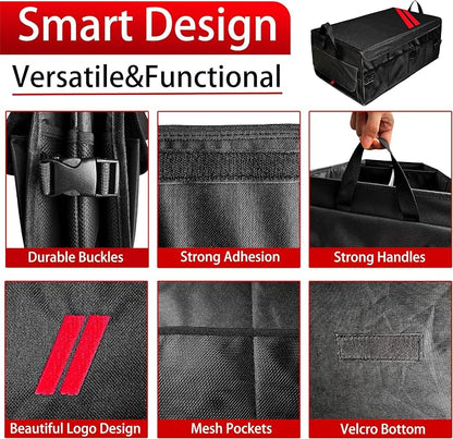 YOSRTER Car Trunk Organizer for Dodge Charger Durango Challenger Ram Collapsible Storage Box with Handle Foldable Lid Non Slip Bottom 2 Compartment Sturdy Base Panel for Dodge Accessories(Red Trim)