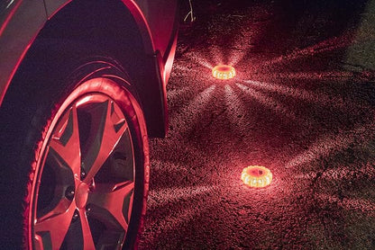 3 Pack LED Road Flares Kit - Flashing Warning Light Emergency Disc Beacon Roadside Flare Safety Light Magnetic Base for Car Truck Boat - Includes Batteries Screwdriver Gloves Storage Bag