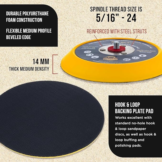 Dura-Gold Pro Series 6" Hook & Loop DA Backing Plate Pad - 14mm Thick Medium Profile Edge, Dual-Action Random Orbital Sanding Pad, 5/16" - 24 Threads - for Sander Polisher Auto Woodworking Sandpaper