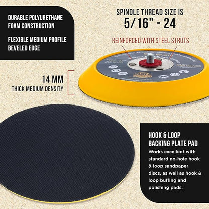 Dura-Gold Pro Series 6" Hook & Loop DA Backing Plate Pad - 14mm Thick Medium Profile Edge, Dual-Action Random Orbital Sanding Pad, 5/16" - 24 Threads - for Sander Polisher Auto Woodworking Sandpaper