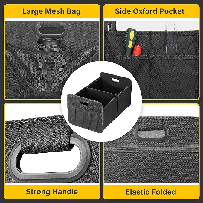 YSSOA Trunk Organizer for Car/SUV/Truck, Collapsible 2 Compartment Automotive Storage Box, 600D Waterproof Oxford Polyester 50L Travel Accessories, Anti-slip & Leak-proof, Black New