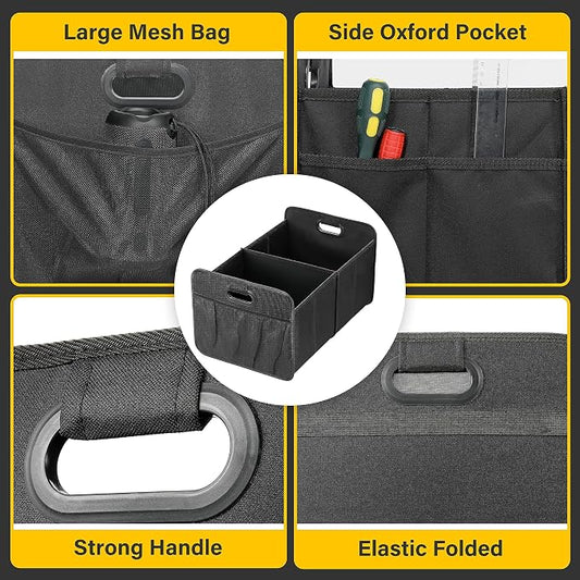 YSSOA Trunk Organizer for Car/SUV/Truck, Collapsible 2 Compartment Automotive Storage Box, 600D Waterproof Oxford Polyester 50L Travel Accessories, Anti-slip & Leak-proof, Black New