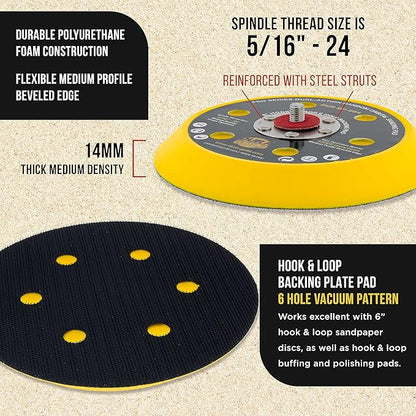 Dura-Gold Pro Series 6" Hook & Loop DA Sander Backing Plate Pad, 6 Hole Pattern Dustless - Flexible Edge Dual-Action Random Orbital Sanding Pad, 14mm Thick - Polisher Auto Paint Woodworking Sandpaper