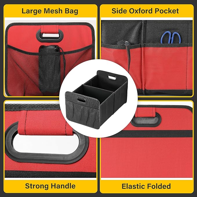 YSSOA 2 Compartments Car Trunk Organizer, 600D Oxford Polyester Car Storage, Anti-slip 14" D x 22" W x 12" H Collapsible Trunk Storage, Suitable for SUV, Minivan, Truck, Red New
