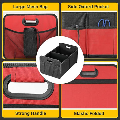 YSSOA 2 Compartments Car Trunk Organizer, 600D Oxford Polyester Car Storage, Anti-slip 14" D x 22" W x 12" H Collapsible Trunk Storage, Suitable for SUV, Minivan, Truck, Red New