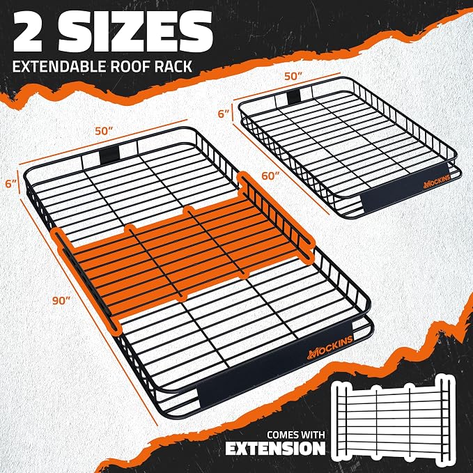 Mockins 90"x50"x6" XXL Heavy Duty Roof Rack Cargo Basket 2-Size Extendable | 250 Lbs Cap Steel Luggage Carrier for Car Rooftop Set w/ Straps| All-Weather Roof Cargo Carrier for SUV, RV, & Large Vehicles