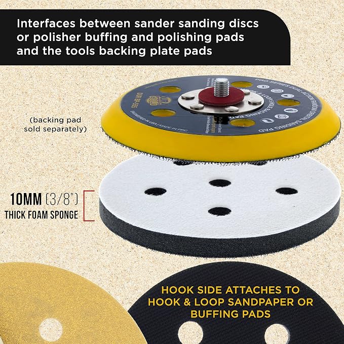 Dura-Gold Pro Series 5" x 10mm Soft Density Sanding Interface Pad, 5 Hole Pattern Dustless, 2 Pack - Hook & Loop Foam Cushion, Used with Vacuum Sander Discs, Polisher Polishing Pads & Backing Pads