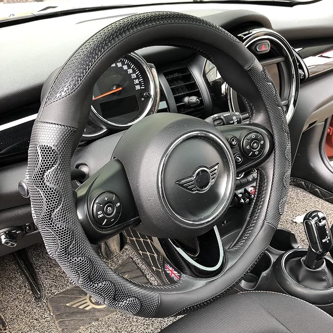 PINCTROT Large Size Steering Wheel Cover Great Grip with 3D Honeycomb Anti-Slip Design, 15.5-15.75 Inch (All Black)