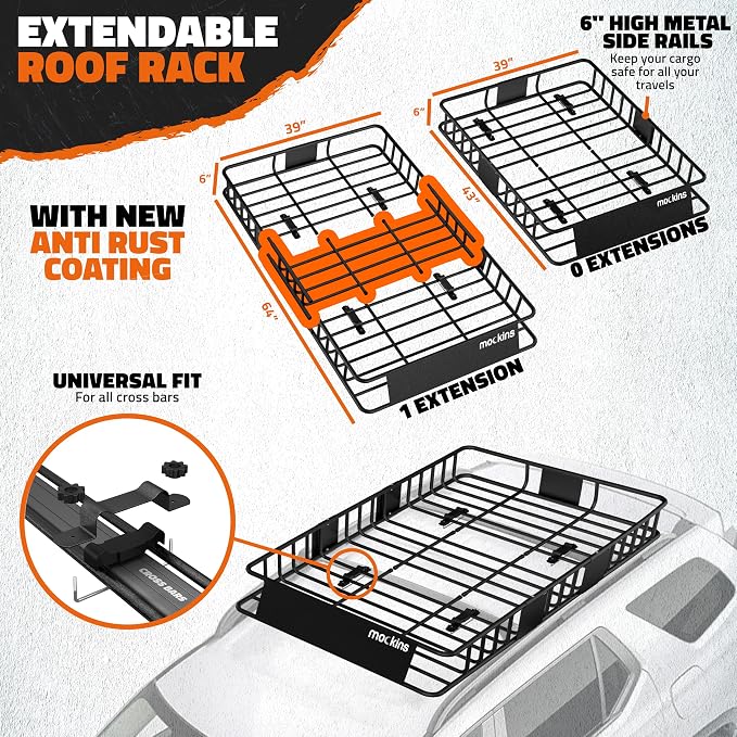 Mockins 64"x39"x6" Extendable Heavy Duty Roof Rack Basket & 16 Cu Ft Waterproof Cargo Bag for Top of Car | 250 Lbs Capacity Steel Rooftop Cargo Carrier for Top of Vehicle with Roof Basket Accessories
