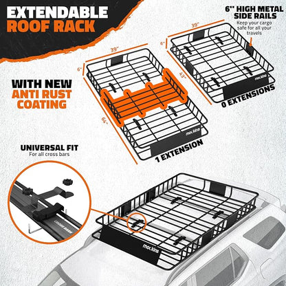 Mockins 64"x39"x6" Extendable Heavy Duty Roof Rack Basket & 16 Cu Ft Waterproof Cargo Bag for Top of Car | 250 Lbs Capacity Steel Rooftop Cargo Carrier for Top of Vehicle with Roof Basket Accessories
