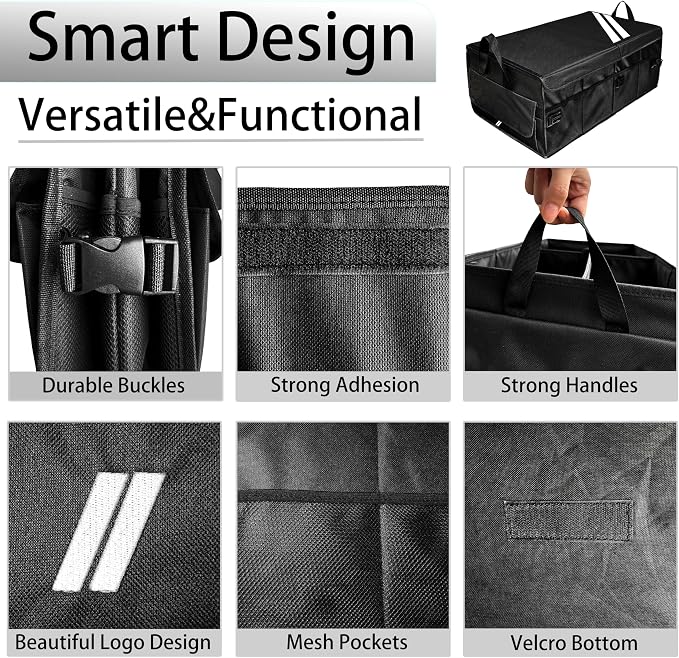 YOSRTER for Dodge Charger Durango Challenger Ram Car Trunk Organizer Collapsible Storage Box with Handle Foldable Lid Non Slip Bottom Sturdy Base Panel 2 Compartment White Trim