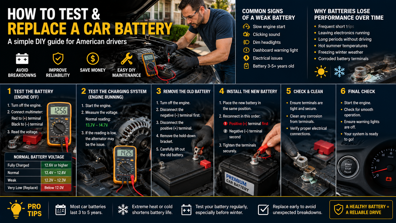 Infographic on how to test and replace a car battery with step-by-step guide and visual aids.