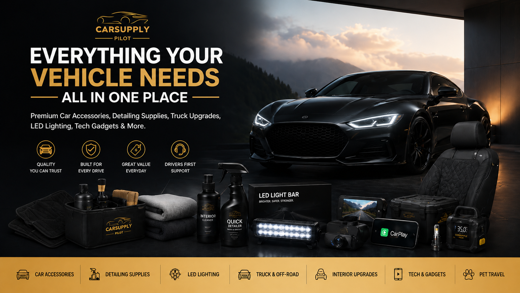 CarSupply advertisement with car accessories and text on a dark background