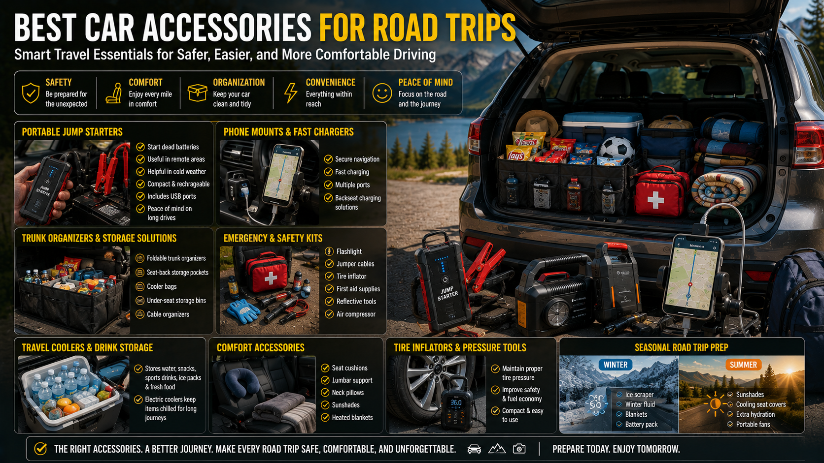 Car accessories for road trips with a focus on safety and comfort.